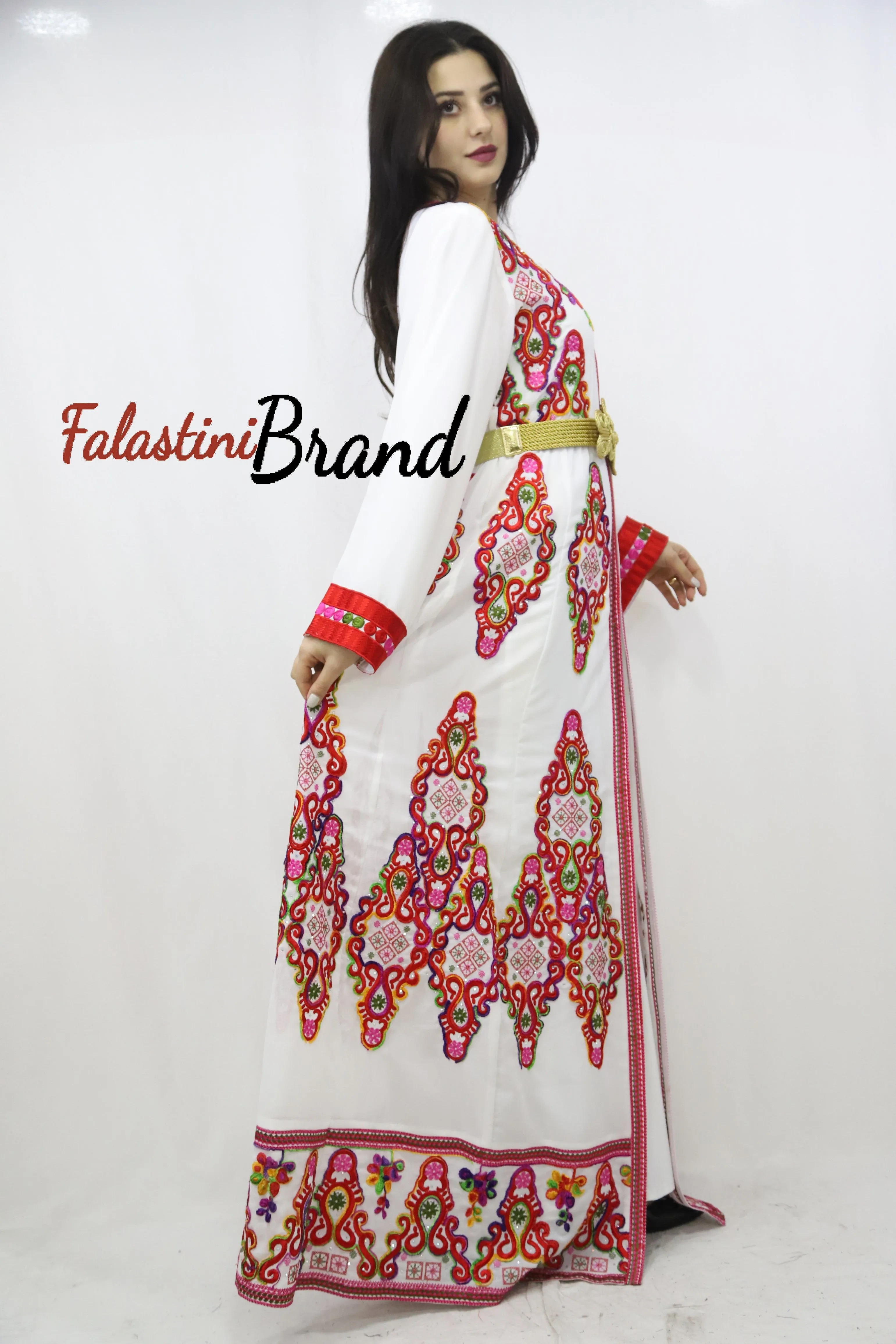 2 Pieces White Kaftan Dress with Red Embroidery