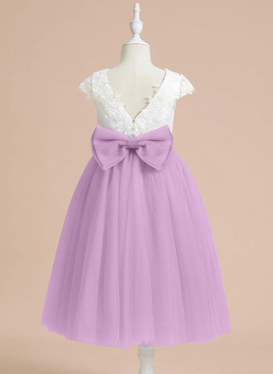 A-line Satin Tulle Tea-length First Communion Flower Girl Dress