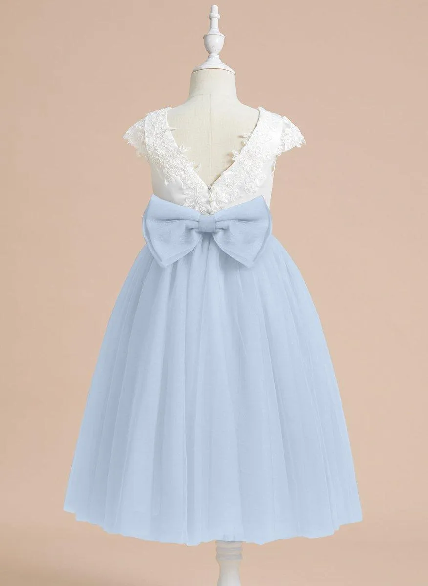 A-line Satin Tulle Tea-length First Communion Flower Girl Dress