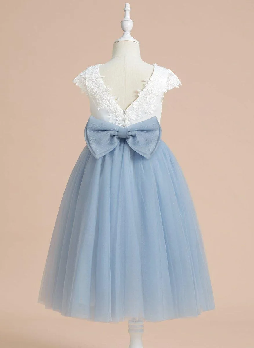 A-line Satin Tulle Tea-length First Communion Flower Girl Dress