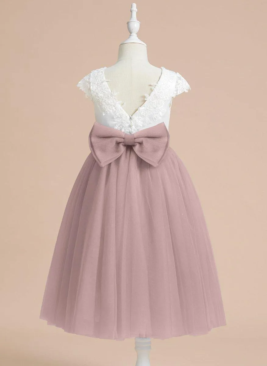 A-line Satin Tulle Tea-length First Communion Flower Girl Dress