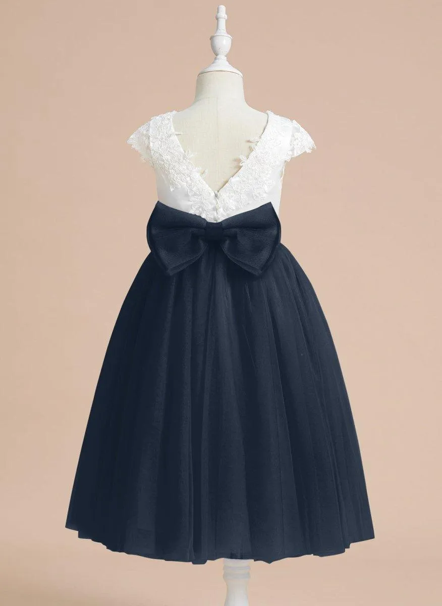 A-line Satin Tulle Tea-length First Communion Flower Girl Dress