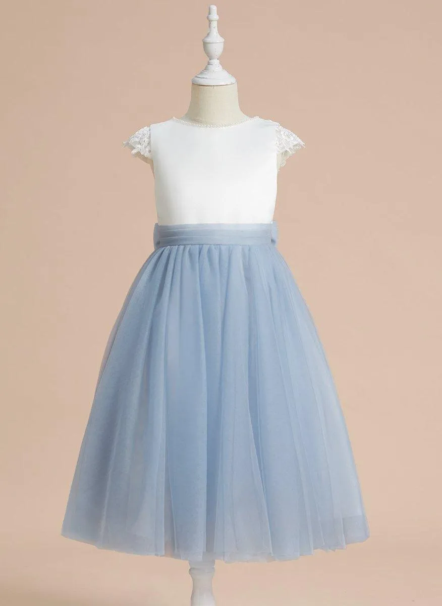 A-line Satin Tulle Tea-length First Communion Flower Girl Dress