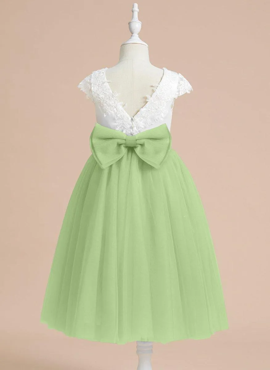 A-line Satin Tulle Tea-length First Communion Flower Girl Dress