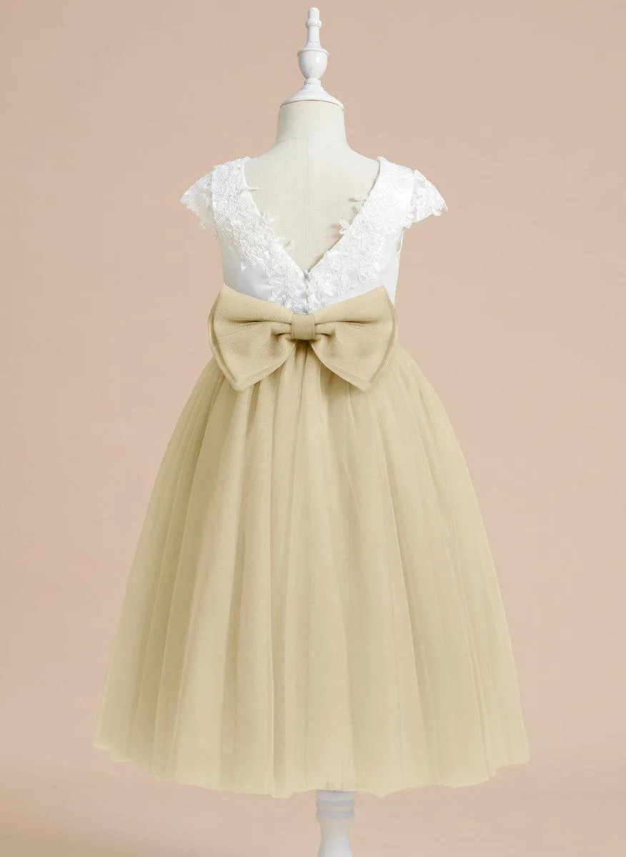 A-line Satin Tulle Tea-length First Communion Flower Girl Dress