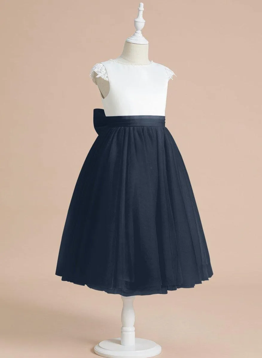 A-line Satin Tulle Tea-length First Communion Flower Girl Dress