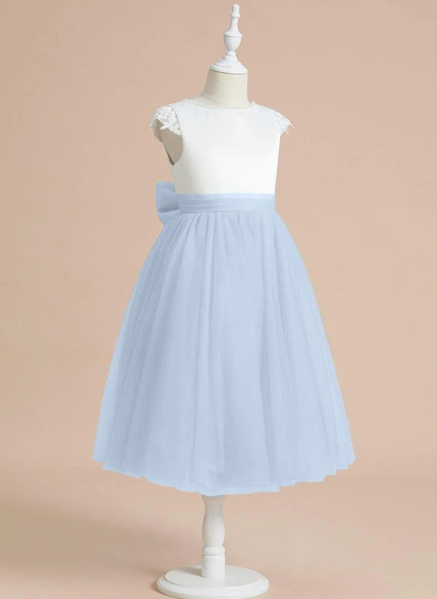 A-line Satin Tulle Tea-length First Communion Flower Girl Dress