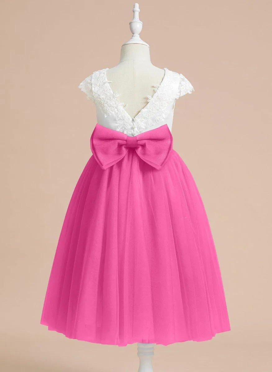 A-line Satin Tulle Tea-length First Communion Flower Girl Dress