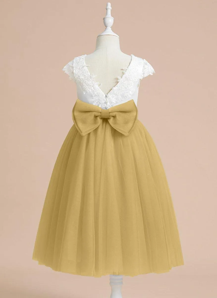 A-line Satin Tulle Tea-length First Communion Flower Girl Dress