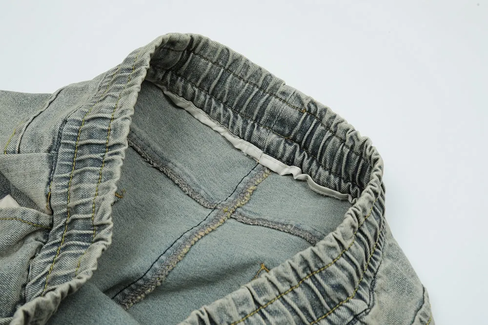 Acid Washed Button Hem Cargo Jeans