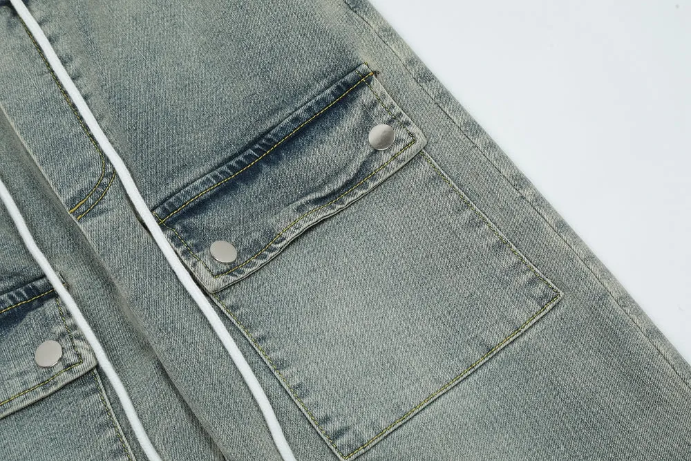 Acid Washed Button Hem Cargo Jeans