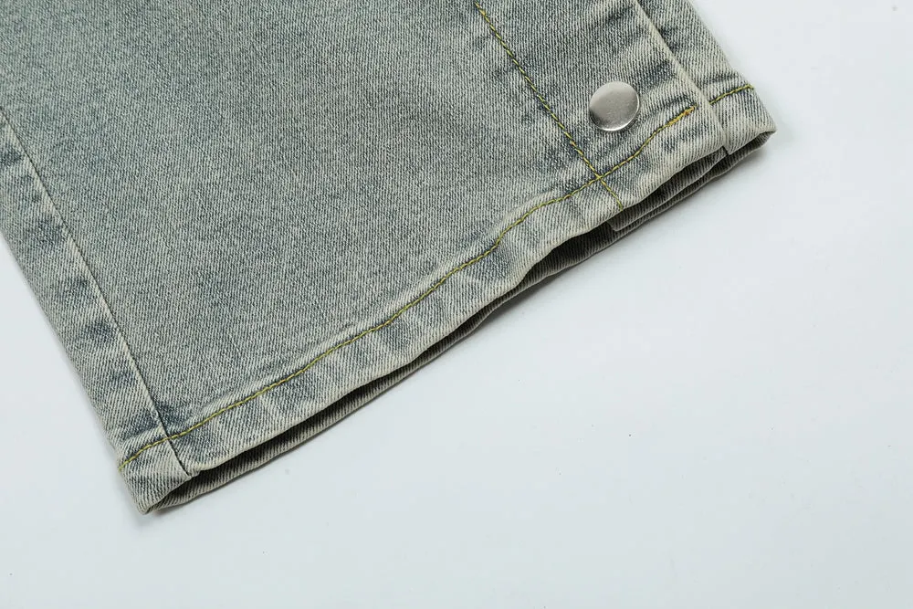 Acid Washed Button Hem Cargo Jeans