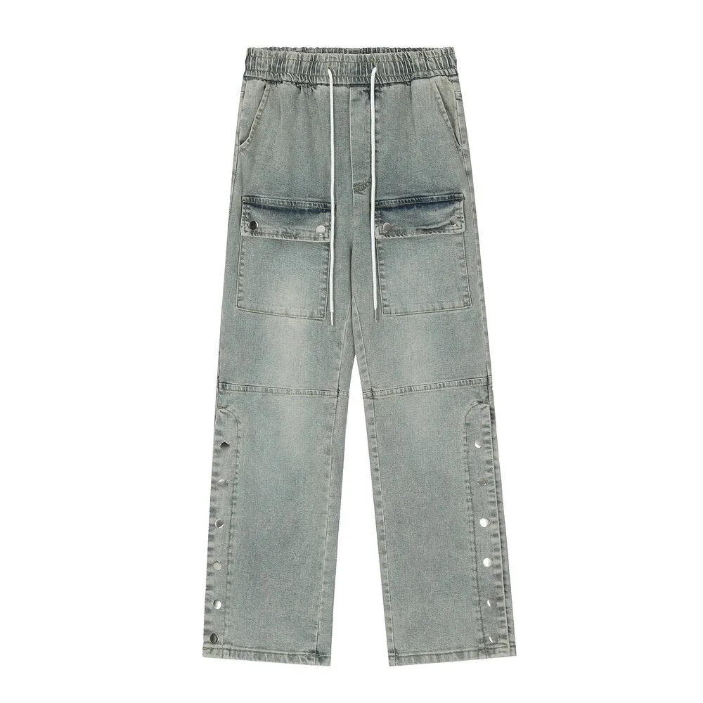 Acid Washed Button Hem Cargo Jeans