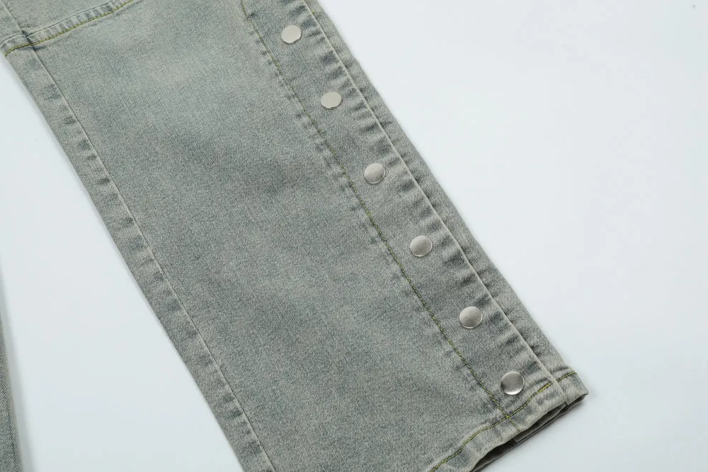 Acid Washed Button Hem Cargo Jeans