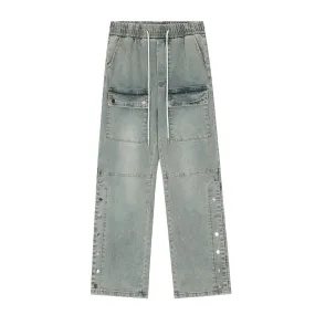 Acid Washed Button Hem Cargo Jeans