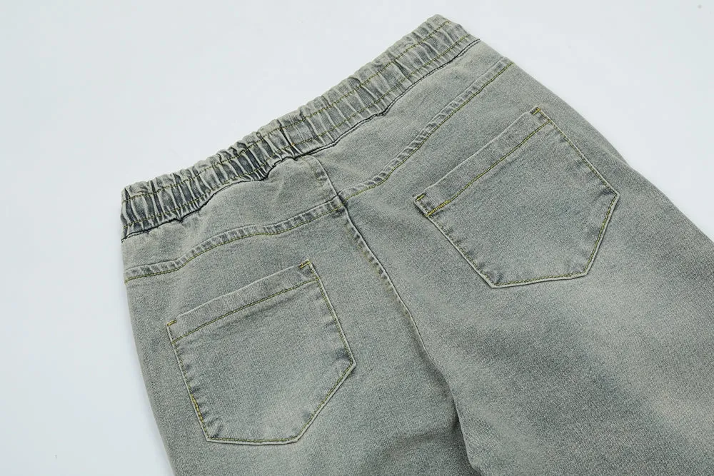 Acid Washed Button Hem Cargo Jeans