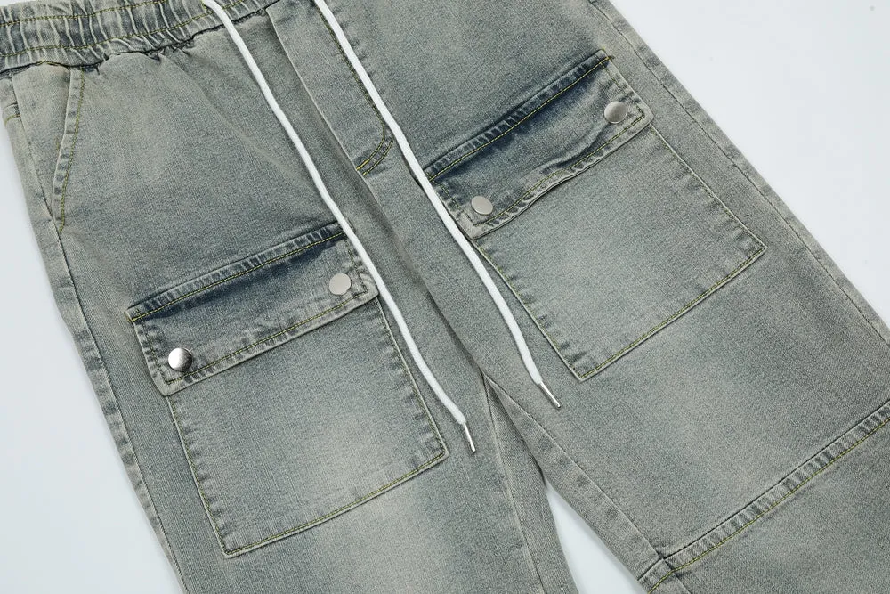 Acid Washed Button Hem Cargo Jeans