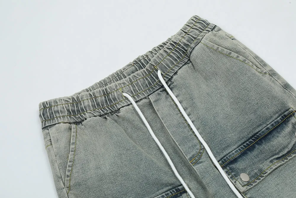 Acid Washed Button Hem Cargo Jeans