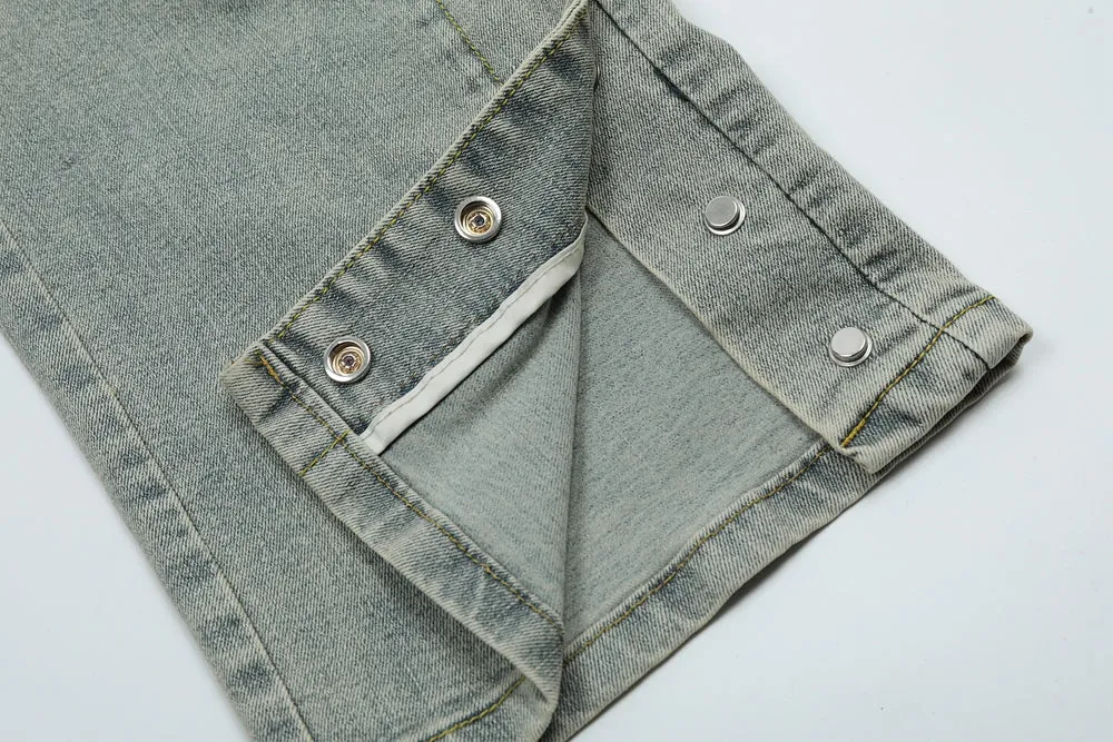 Acid Washed Button Hem Cargo Jeans