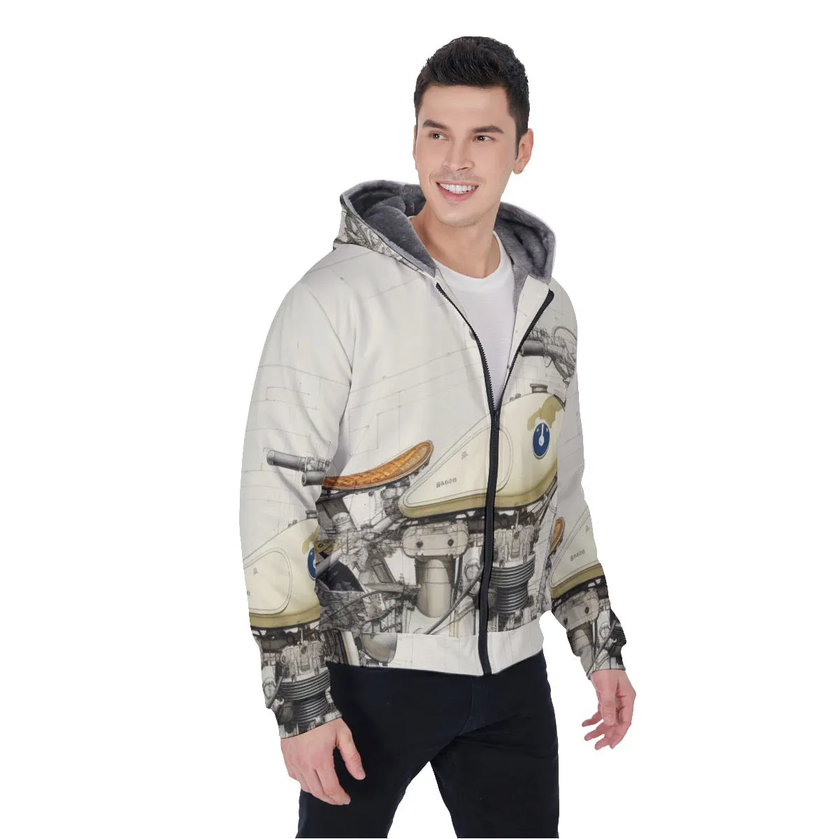 All-Over Print Men's Sherpa Fleece Zip Up Hoodie 26 27, motorcycle print