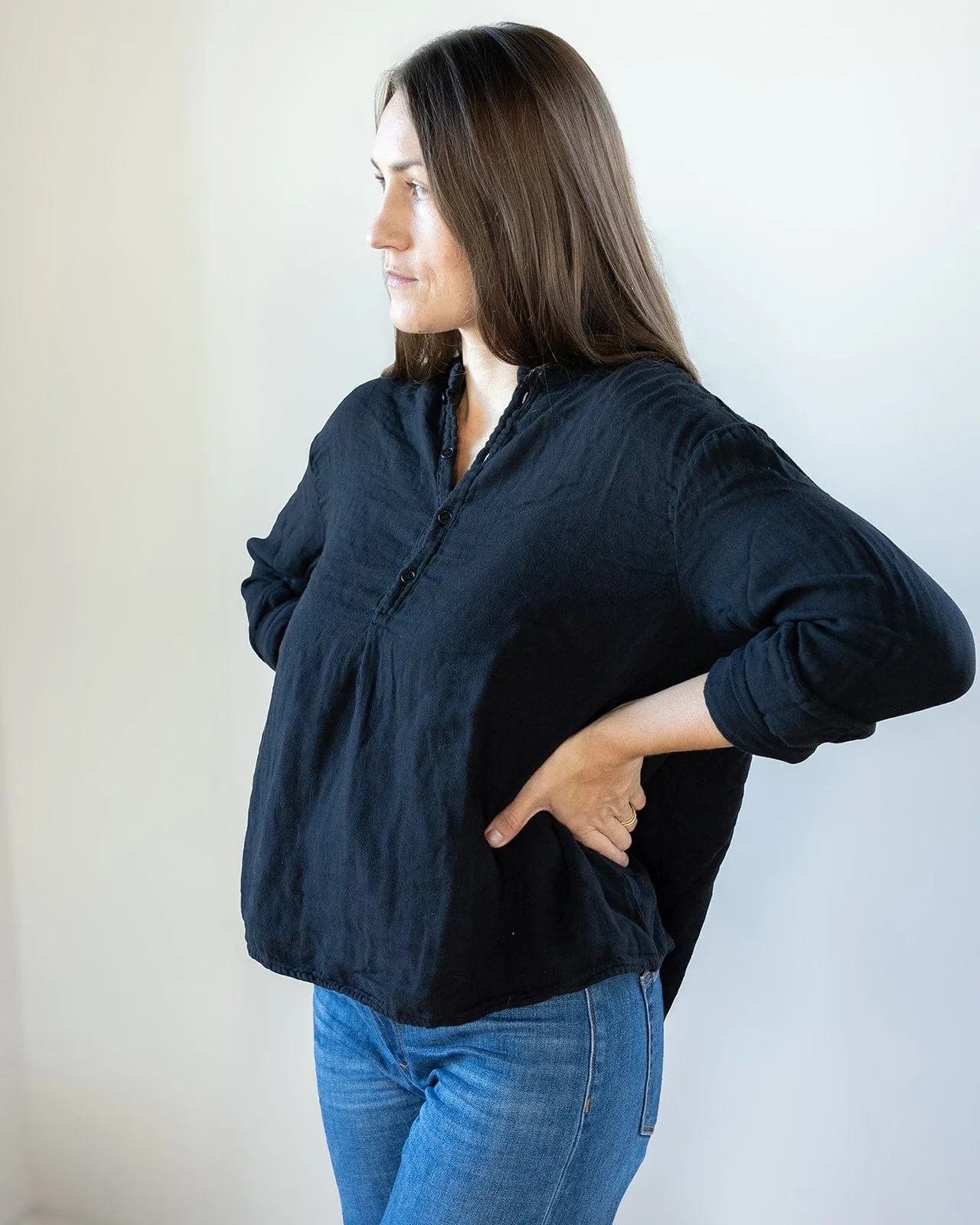 Ariana No Collar Henley in Black Double Cotton Gauze