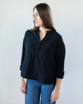 Ariana No Collar Henley in Black Double Cotton Gauze