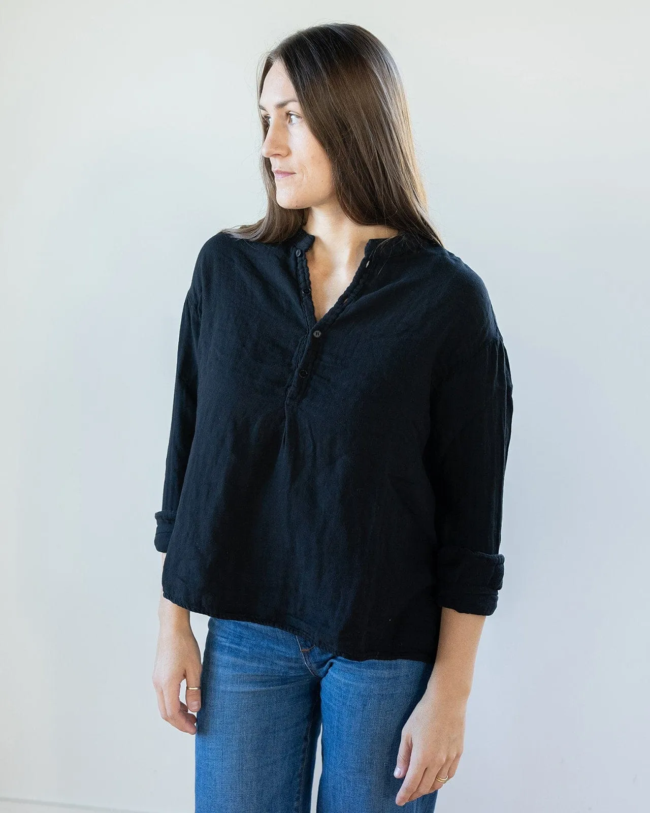 Ariana No Collar Henley in Black Double Cotton Gauze