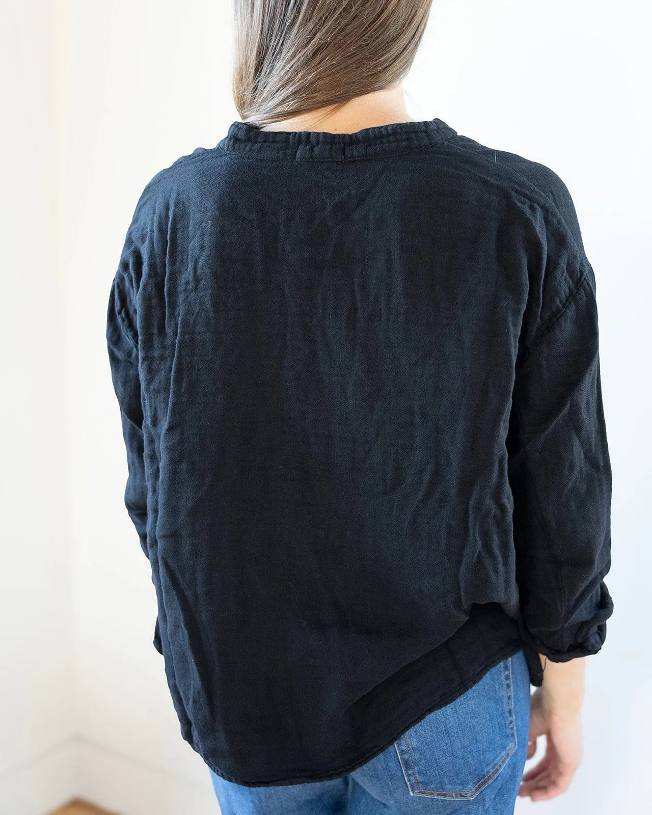 Ariana No Collar Henley in Black Double Cotton Gauze