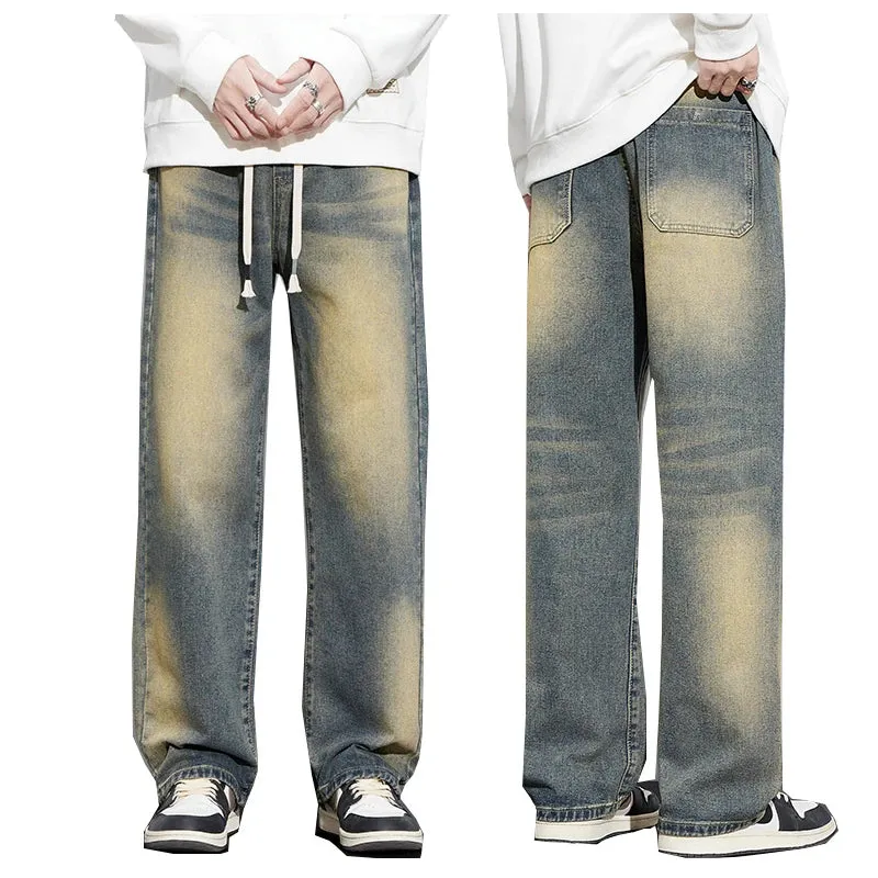 Baggy Jeans Men Loose Fit Wide Leg Pants Retro Blue Vintage Streetwear Strawstring Men's Clothing Cowboys Male Trousers Hombre