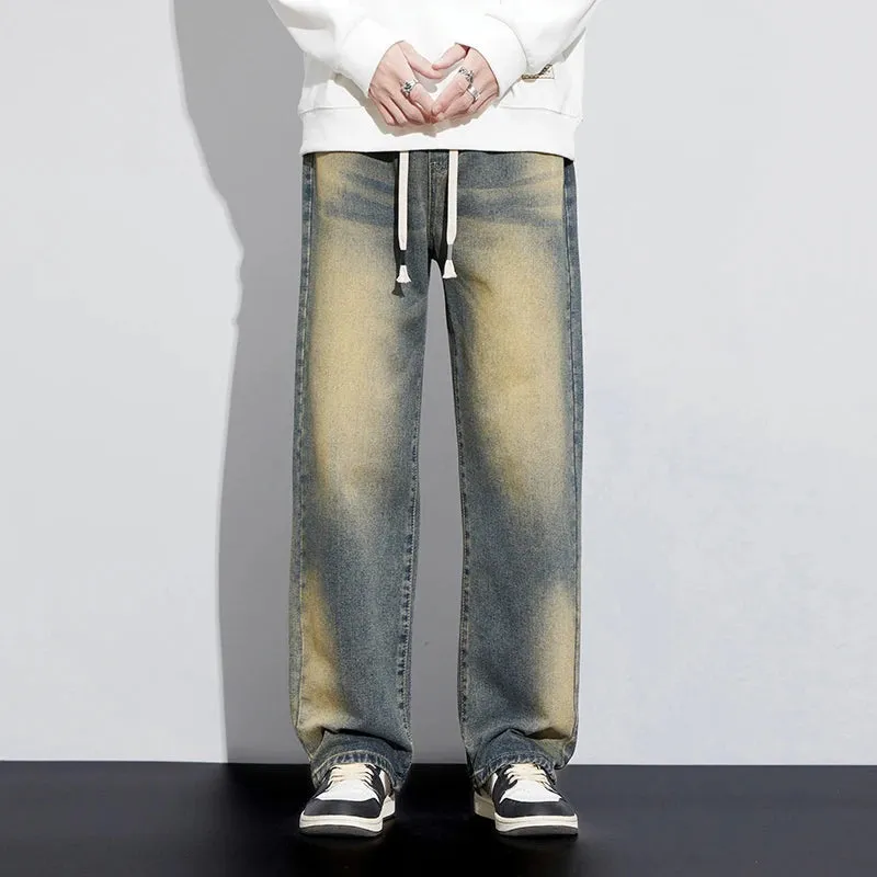 Baggy Jeans Men Loose Fit Wide Leg Pants Retro Blue Vintage Streetwear Strawstring Men's Clothing Cowboys Male Trousers Hombre