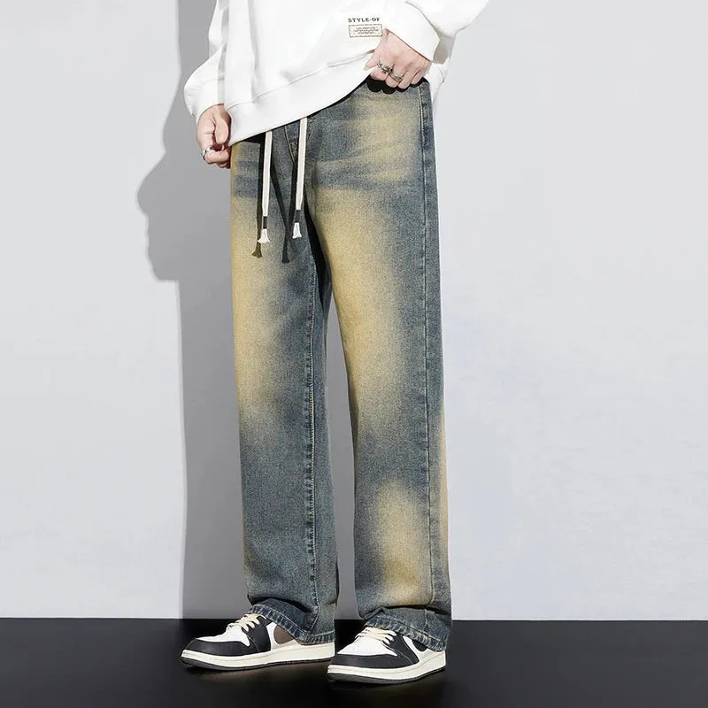 Baggy Jeans Men Loose Fit Wide Leg Pants Retro Blue Vintage Streetwear Strawstring Men's Clothing Cowboys Male Trousers Hombre