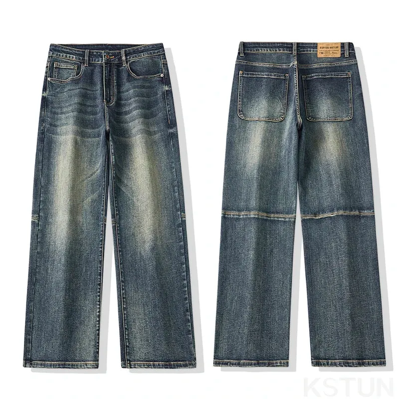 Baggy Pants Men Jeans Loose Fit Wide Leg Jeans Retro Blue Stretch Male Denim Pants Men's Clothing Full Length Trousers Patched
