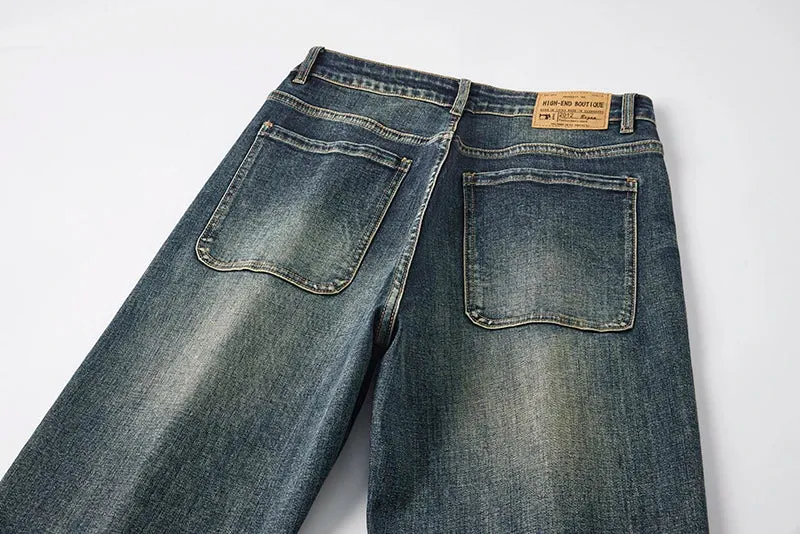 Baggy Pants Men Jeans Loose Fit Wide Leg Jeans Retro Blue Stretch Male Denim Pants Men's Clothing Full Length Trousers Patched