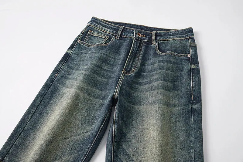 Baggy Pants Men Jeans Loose Fit Wide Leg Jeans Retro Blue Stretch Male Denim Pants Men's Clothing Full Length Trousers Patched