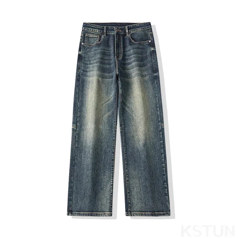 Baggy Pants Men Jeans Loose Fit Wide Leg Jeans Retro Blue Stretch Male Denim Pants Men's Clothing Full Length Trousers Patched