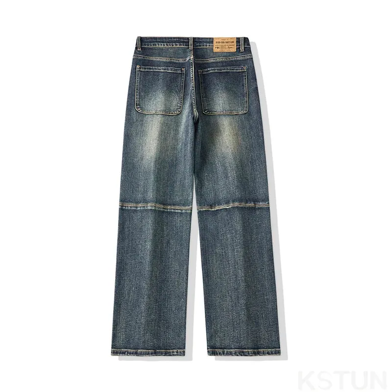 Baggy Pants Men Jeans Loose Fit Wide Leg Jeans Retro Blue Stretch Male Denim Pants Men's Clothing Full Length Trousers Patched