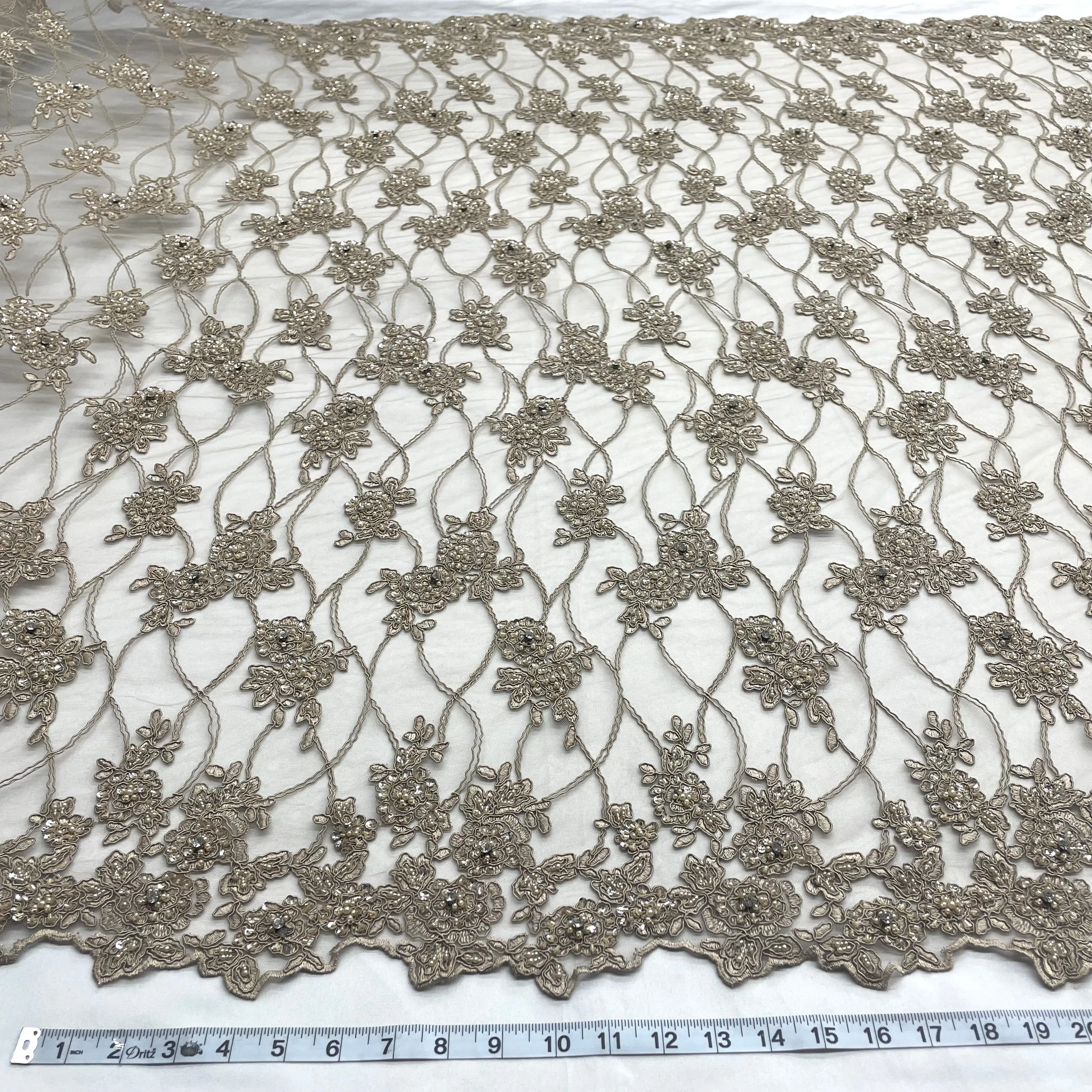 Beaded & Corded Bridal Fabric Lace Embroidered on 100% Polyester Net Mesh | Lace USA - GD-381