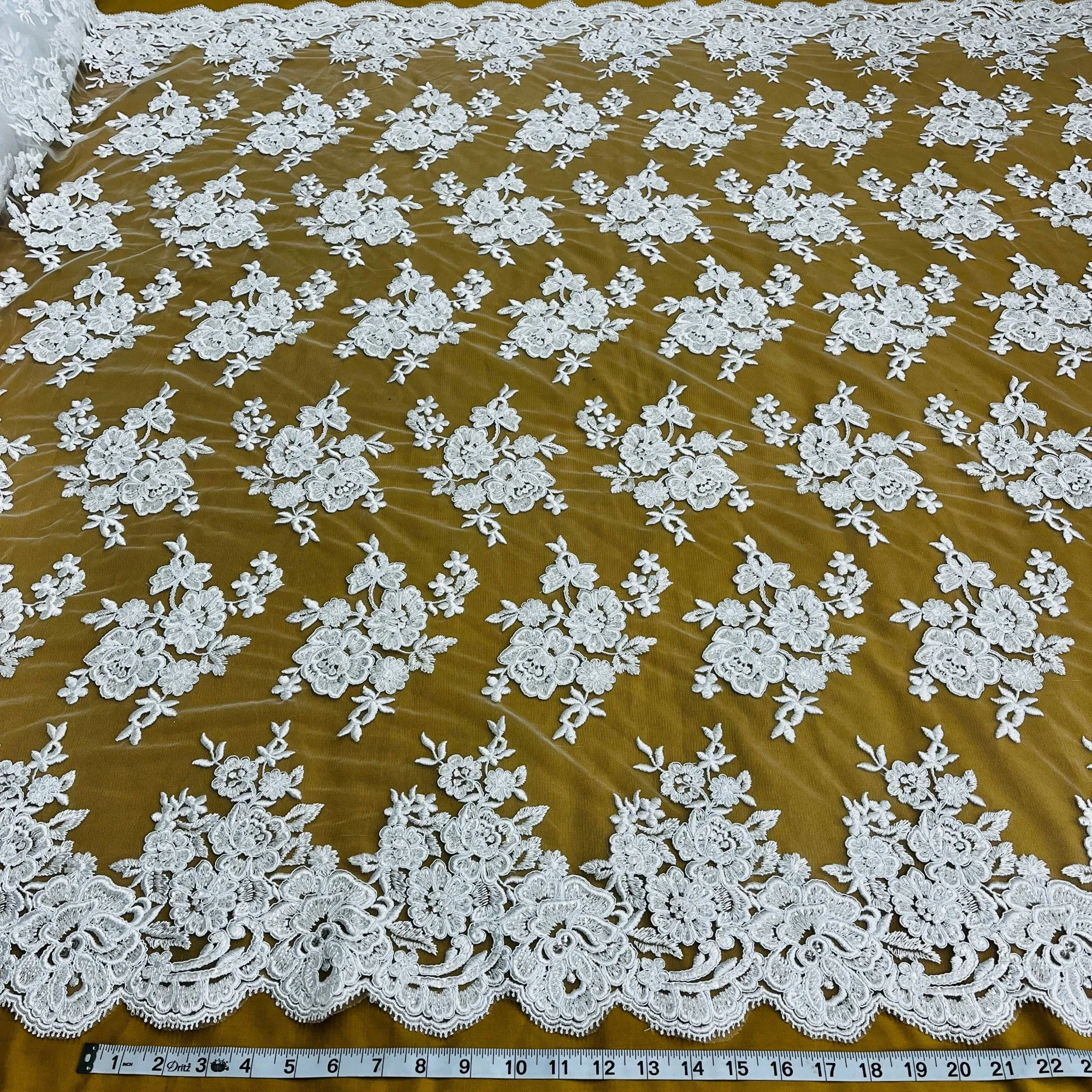 Beaded & Corded Bridal Lace Fabric Embroidered on 100% Polyester Net Mesh | Lace USA - 97018W-HB