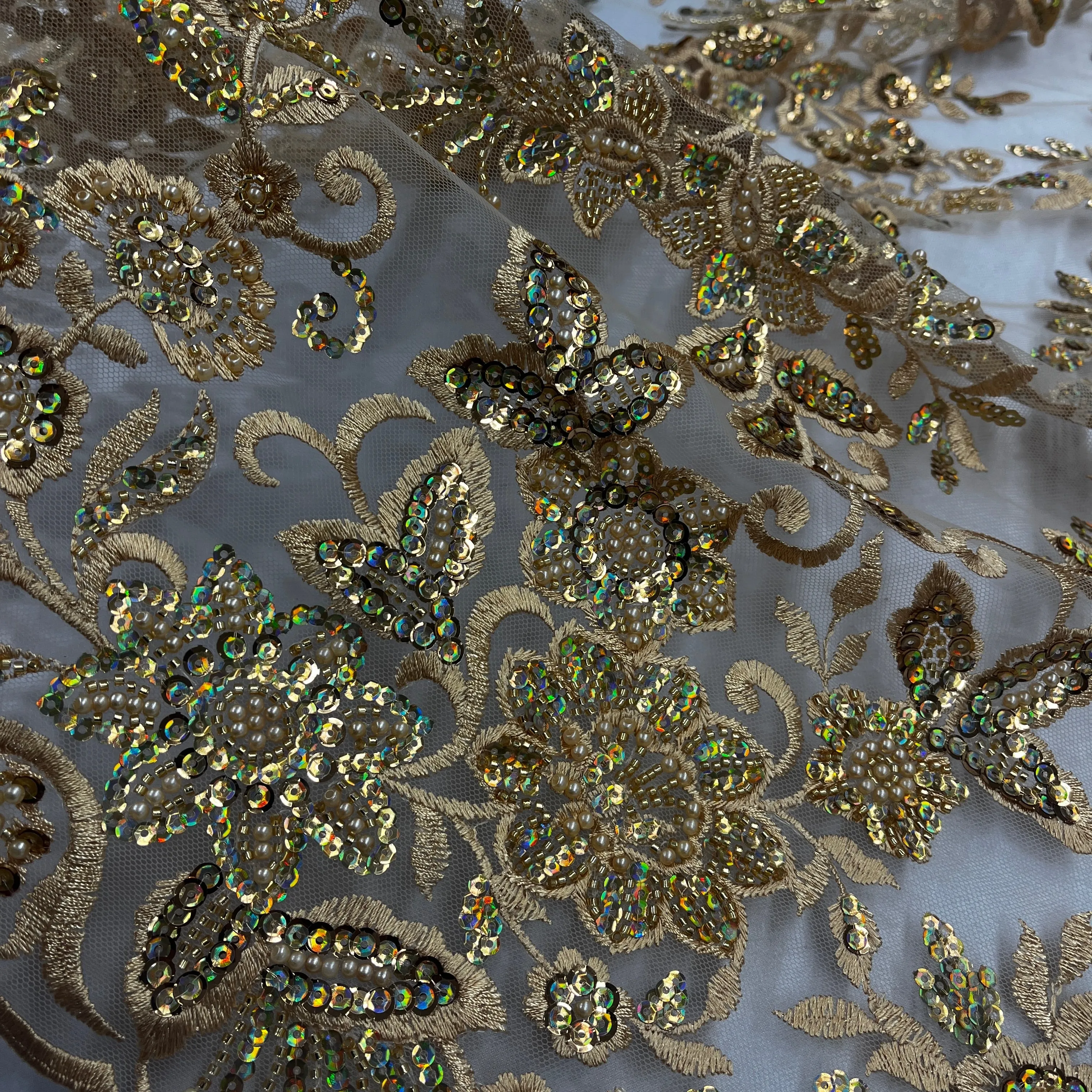 Beaded & Sequined Sparkling Lace Fabric Embroidered on 100% Polyester Net Mesh | Lace USA - GD-2218