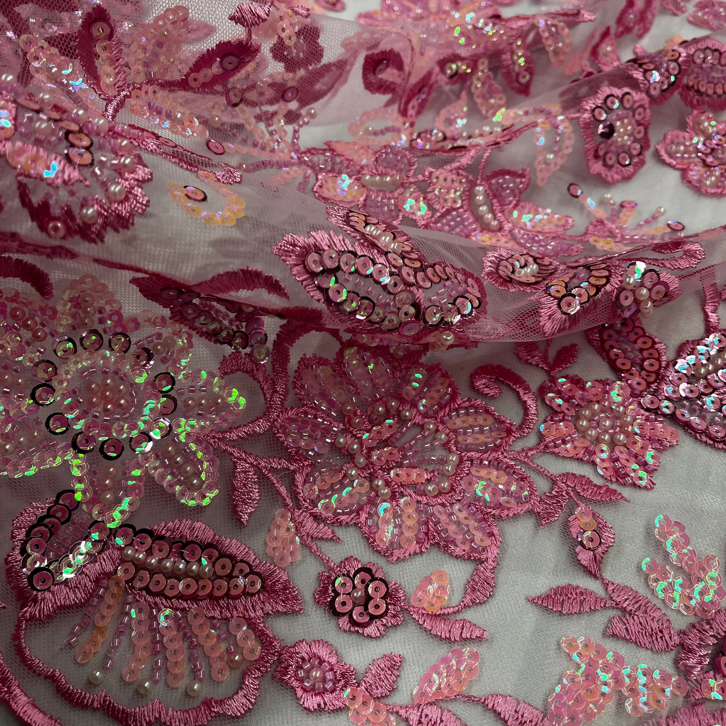 Beaded & Sequined Sparkling Lace Fabric Embroidered on 100% Polyester Net Mesh | Lace USA - GD-2218