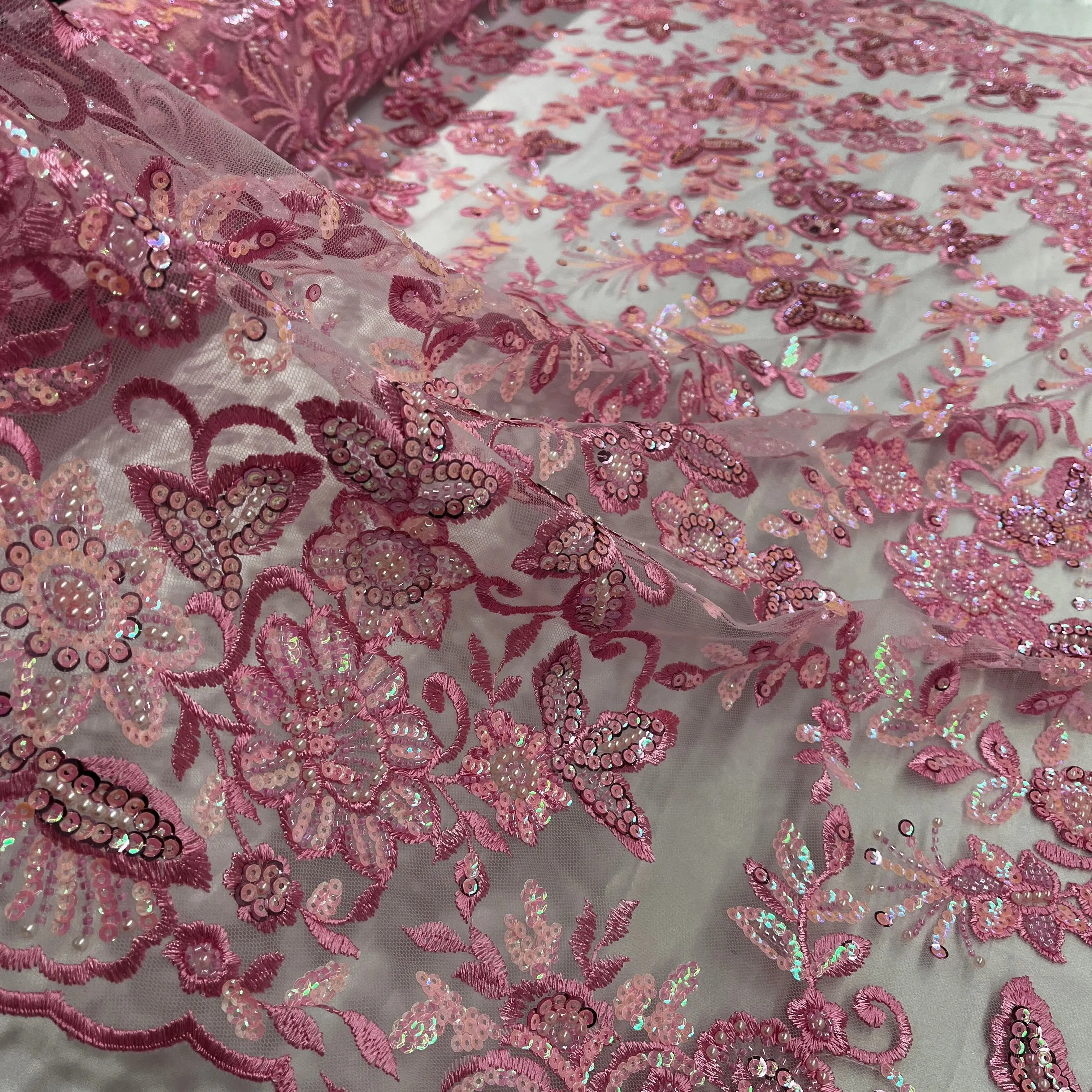 Beaded & Sequined Sparkling Lace Fabric Embroidered on 100% Polyester Net Mesh | Lace USA - GD-2218