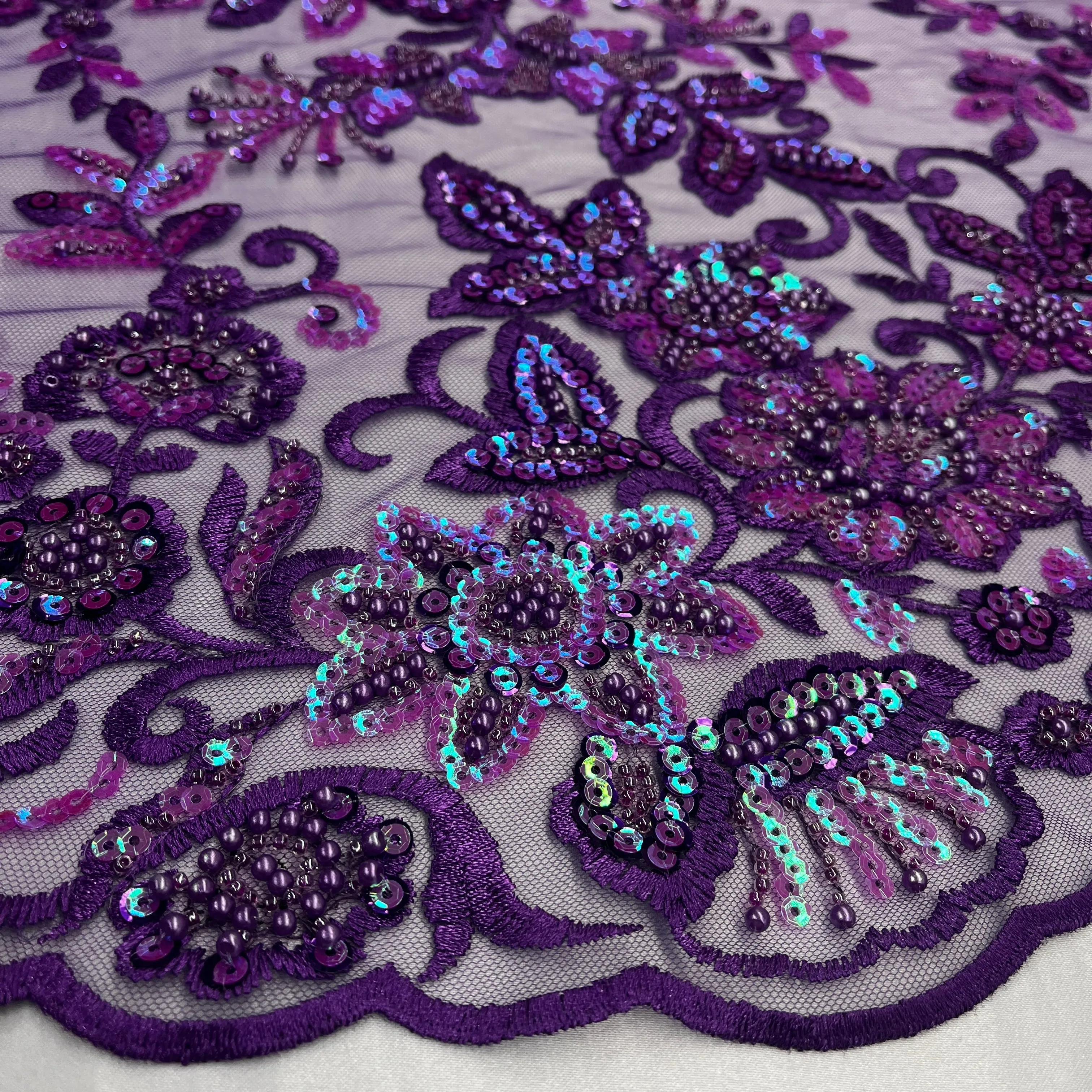 Beaded & Sequined Sparkling Lace Fabric Embroidered on 100% Polyester Net Mesh | Lace USA - GD-2218