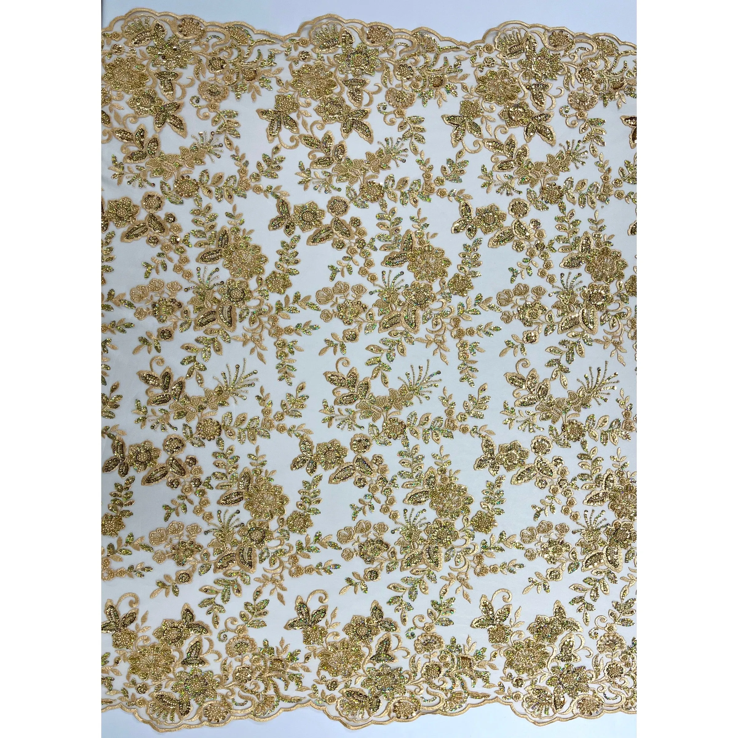 Beaded & Sequined Sparkling Lace Fabric Embroidered on 100% Polyester Net Mesh | Lace USA - GD-2218