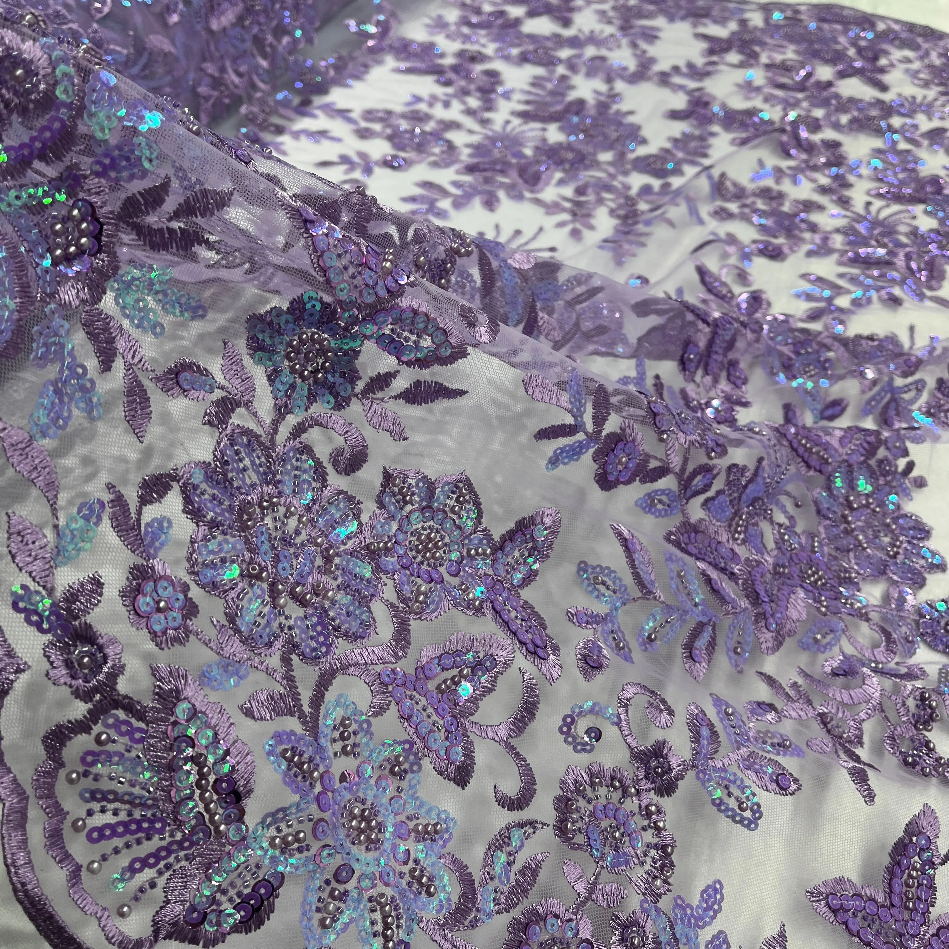 Beaded & Sequined Sparkling Lace Fabric Embroidered on 100% Polyester Net Mesh | Lace USA - GD-2218