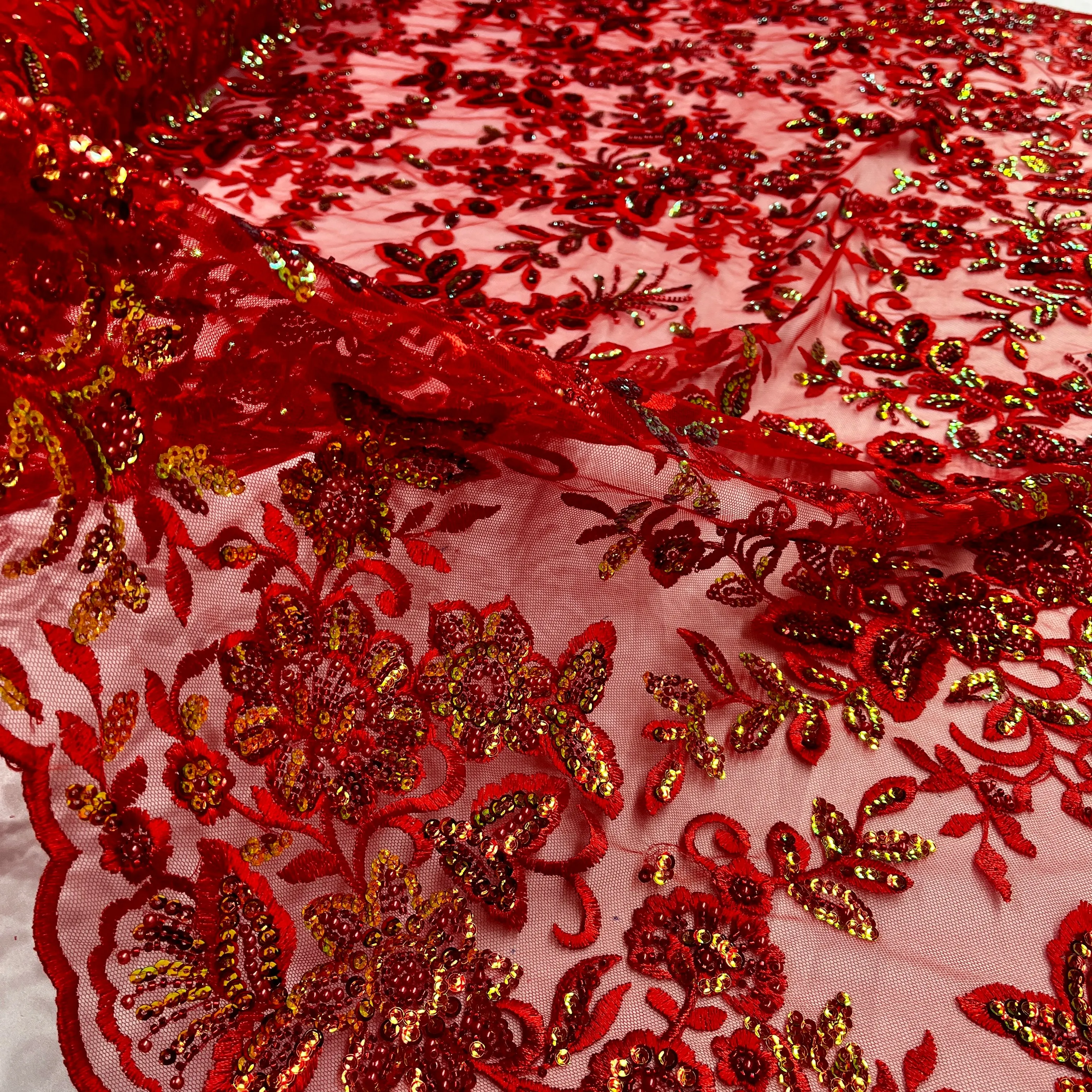 Beaded & Sequined Sparkling Lace Fabric Embroidered on 100% Polyester Net Mesh | Lace USA - GD-2218