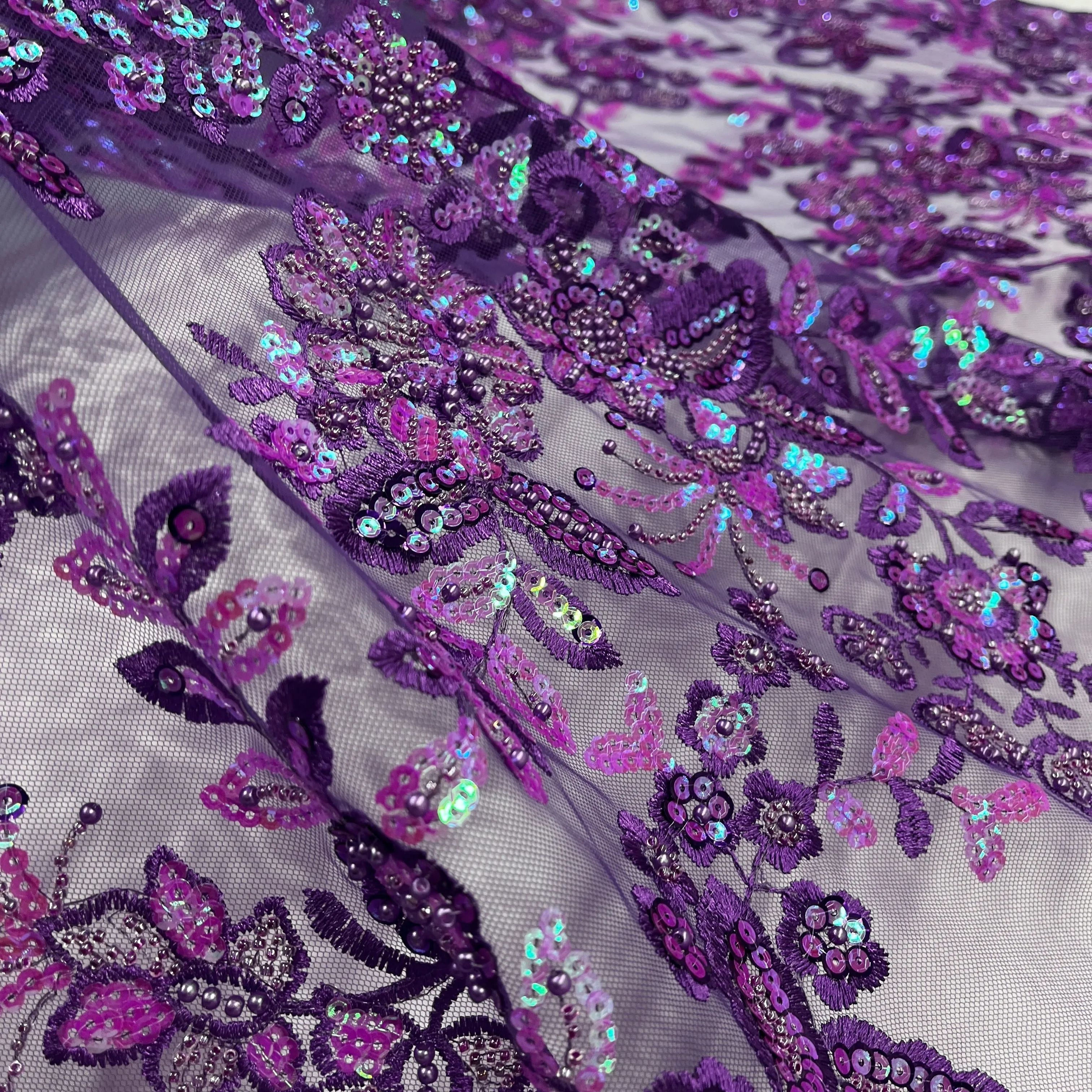 Beaded & Sequined Sparkling Lace Fabric Embroidered on 100% Polyester Net Mesh | Lace USA - GD-2218
