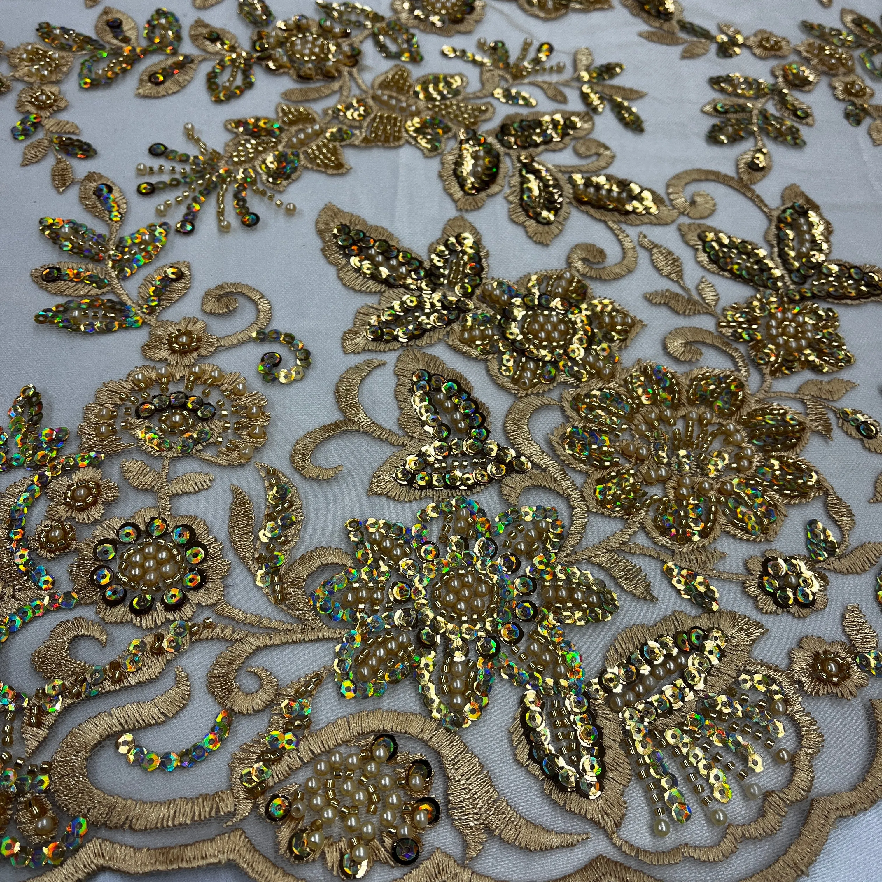 Beaded & Sequined Sparkling Lace Fabric Embroidered on 100% Polyester Net Mesh | Lace USA - GD-2218