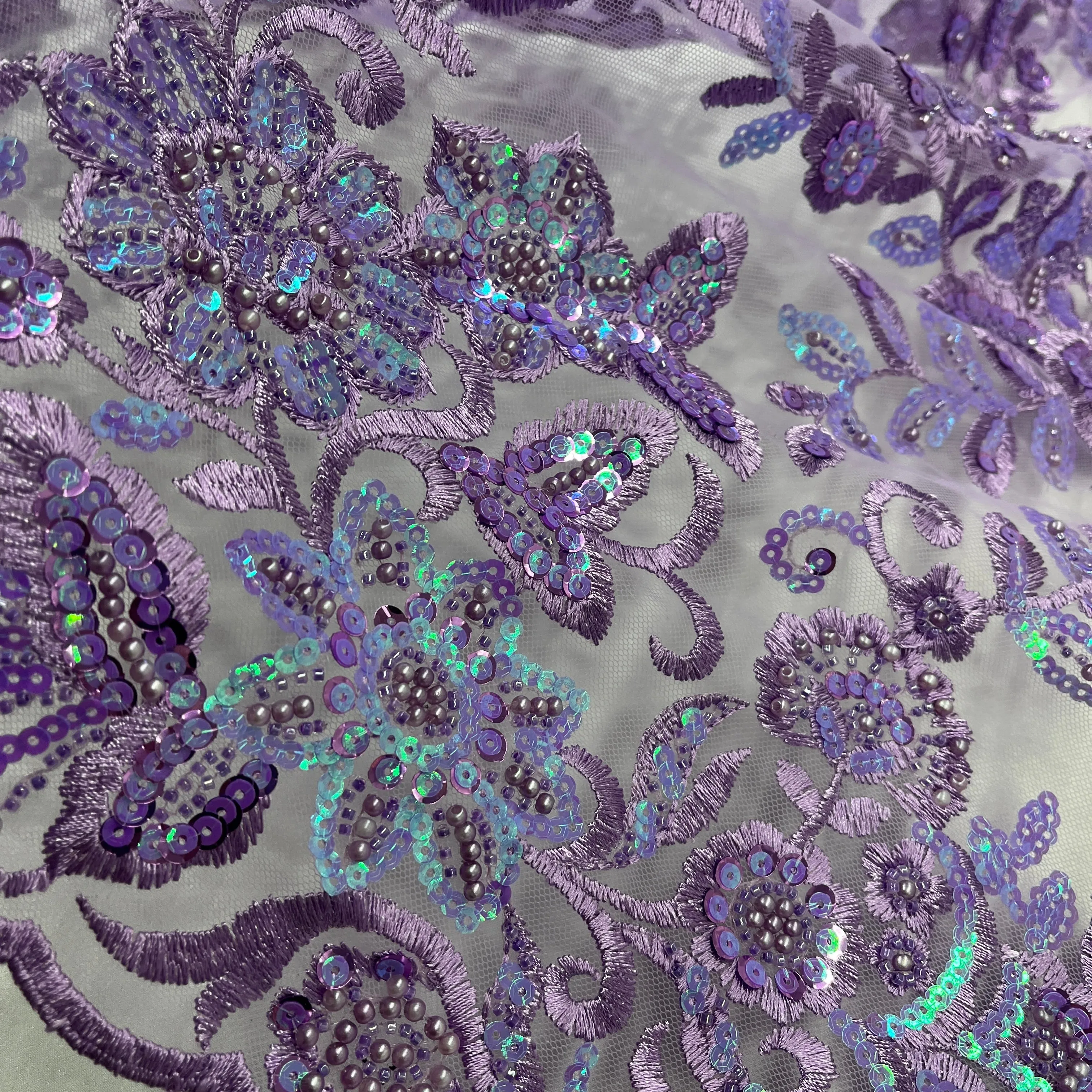 Beaded & Sequined Sparkling Lace Fabric Embroidered on 100% Polyester Net Mesh | Lace USA - GD-2218