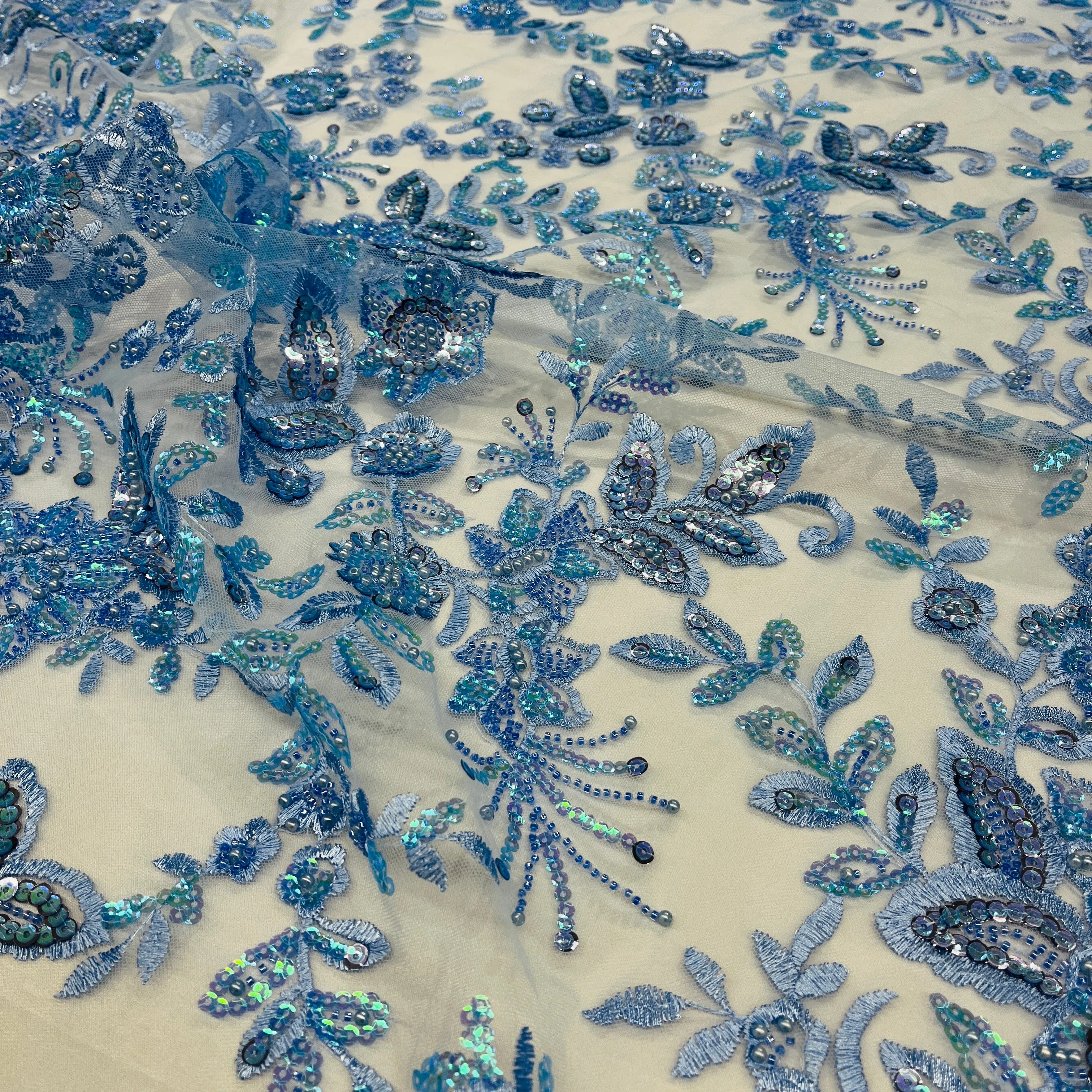 Beaded & Sequined Sparkling Lace Fabric Embroidered on 100% Polyester Net Mesh | Lace USA - GD-2218
