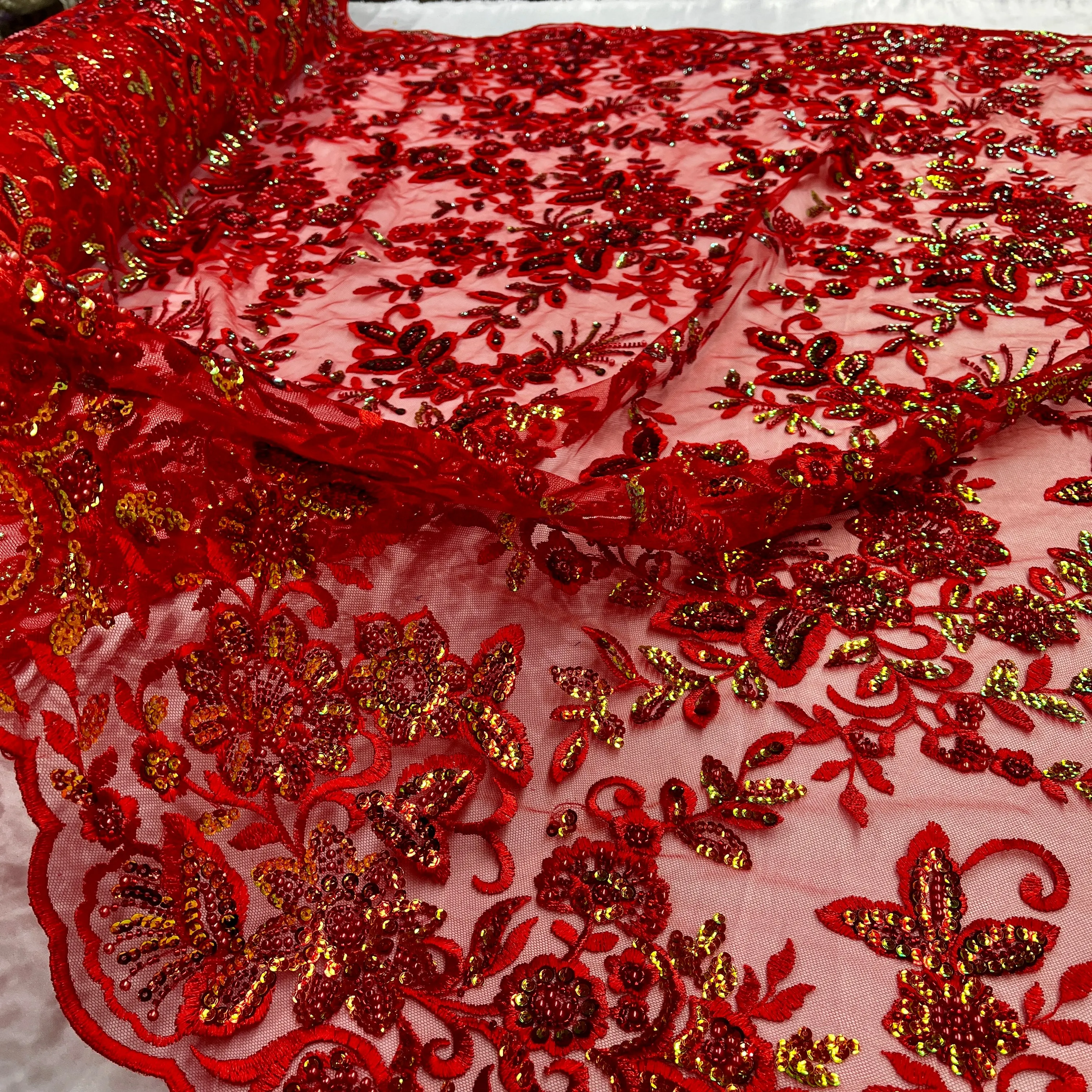 Beaded & Sequined Sparkling Lace Fabric Embroidered on 100% Polyester Net Mesh | Lace USA - GD-2218